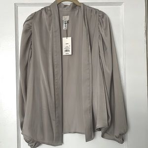 Silver Silky Balloon Sleeve Open Blouse